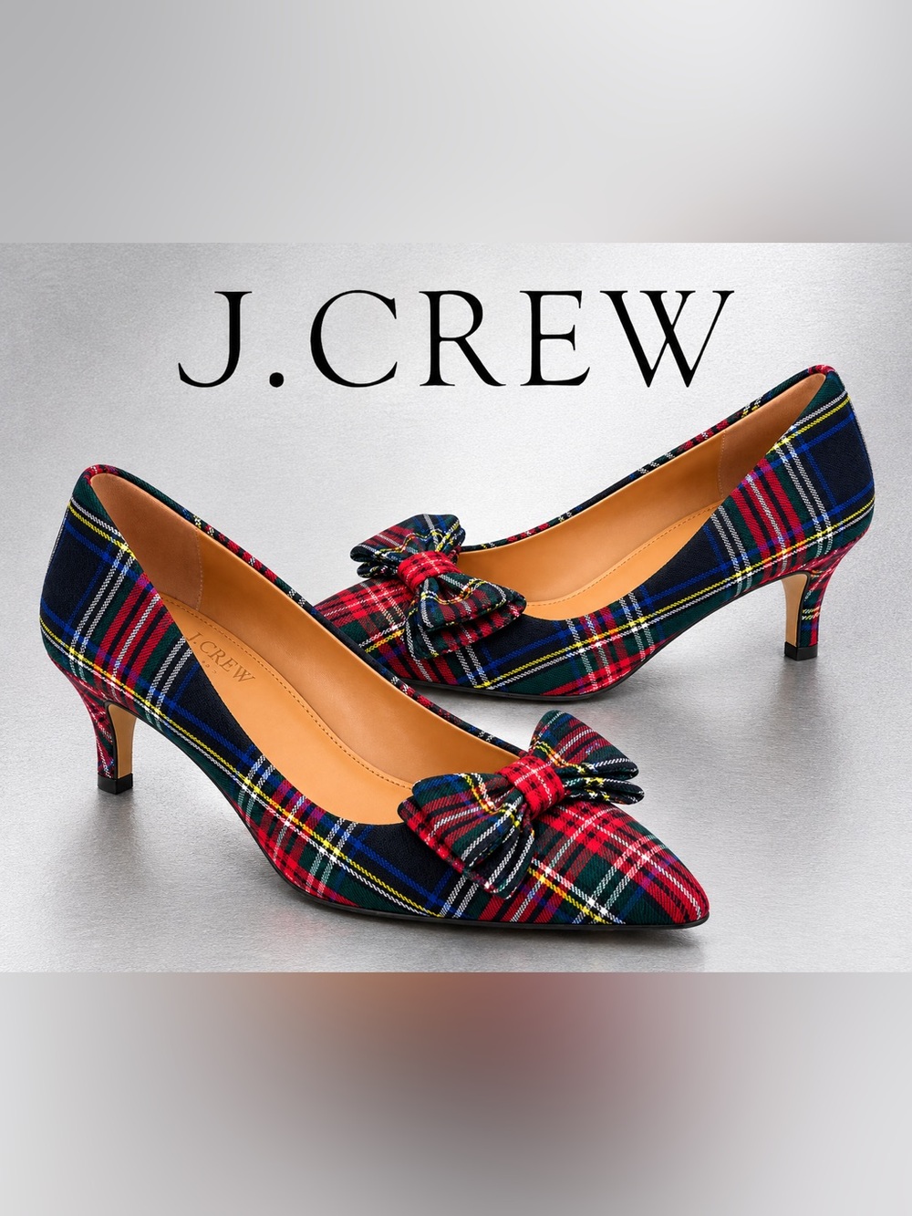 J.Crew Tartan Plaid Bow Pointed Toe Kitten Heel Pumps Shoes Size 10